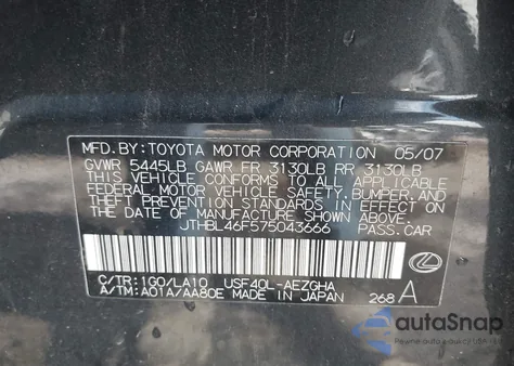 2007 Lexus Ls 460 z USA, uszkodzony, nr VIN JTHBL46F575043666